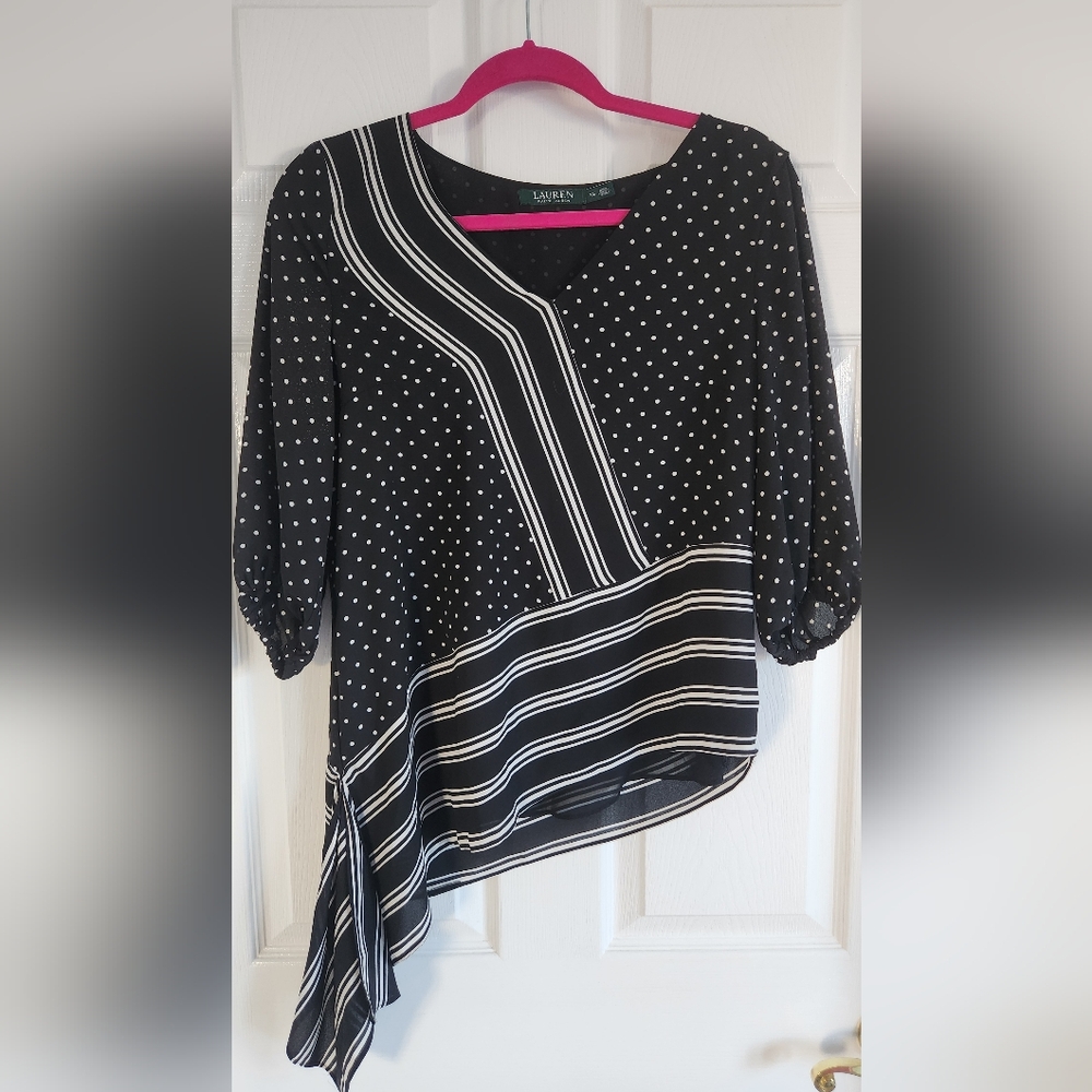 Black and White Polka Dot and Stripe Asymmetrical Top